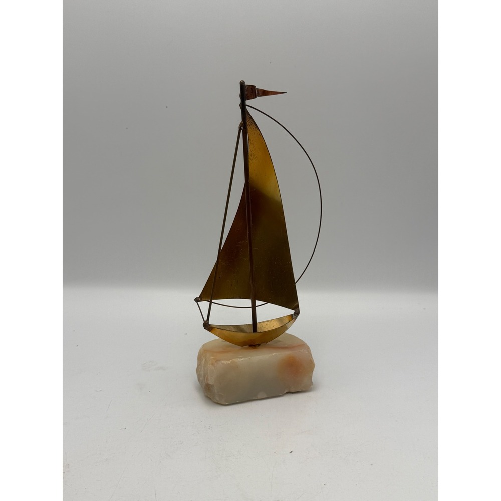 DeMott Brass Sailboat Sculpture on Onyx Stone Base Vintage Nautical MCM Signed